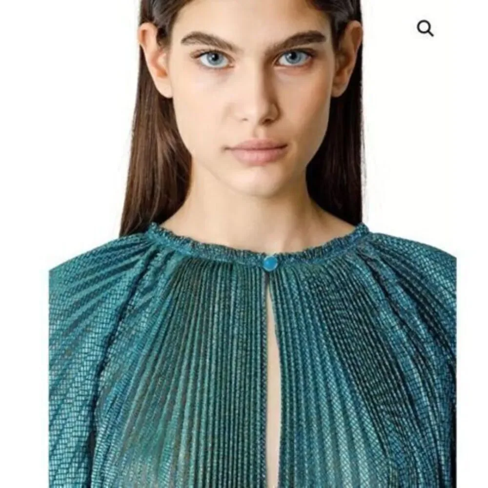 Forte Forte Kaftan Dress Pleated Lame Tulle Emerald Blue Metallic‎ Size 4 - Picture 4 of 16